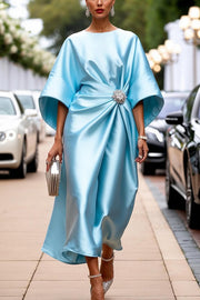 Satin Elegant Brooch Embellished Casual Round Neck Midi Dress