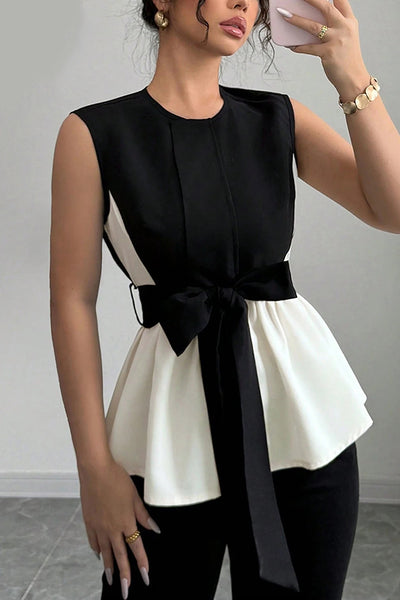 Fashionable Contrasting Color Waist Bow Ribbon Casual Top