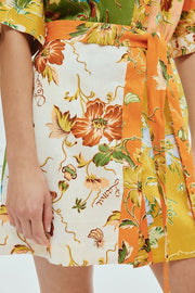 Kienna Linen Blend Unique Floral Print Tie-waist Mini Dress