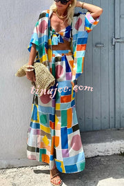 Summer Colors Printed Kimono + Knotted Tank + Elastic Waist Pocket Three-pieces Pants Set