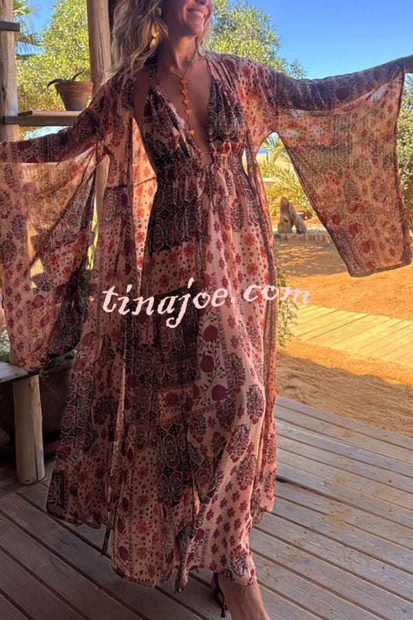 Boho Unique Printed Ring Halter Neck Open Back Slit Maxi Dress