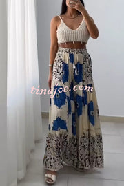 Unique Print Elastic High Waist Tie Pocket Holiday Style Wide Leg Pants