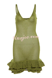 Bali Cutie Knit Layered Ruffle Pleats Hem Tank Stretch Mini Dress