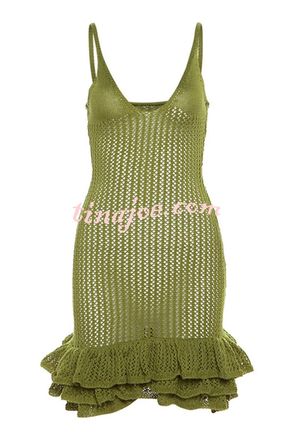 Bali Cutie Knit Layered Ruffle Pleats Hem Tank Stretch Mini Dress