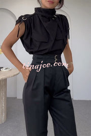 Statement Breast Pocket High Neck Top and Side Pocket Belt Long Pant Set