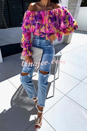 Colorful Botanical Print Sexy Off-shoulder Ruffle Top