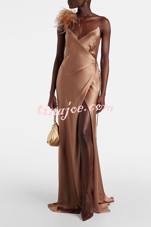 Celebration Night Satin Feather Trim Wrap Tie-up Slit Gown Maxi Dress