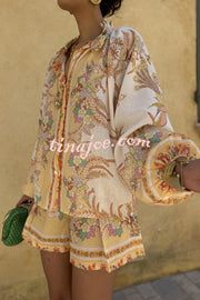 Botanical Print Palace Style Stand-up Collar Lantern Sleeve Loose Top and Casual Shorts Set