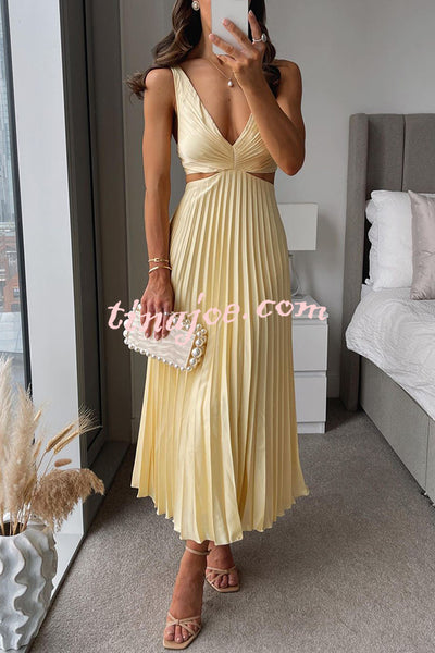 Summer Social Stain Pleated Cutout Waist Loose Midi Dress