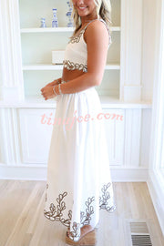 Perfect Vacation Embroidered Trim Crop Tank and Elastic Waist A-line Maxi Skirt Set
