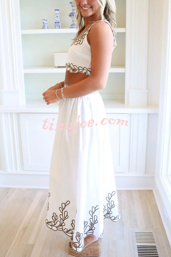 Perfect Vacation Embroidered Trim Crop Tank and Elastic Waist A-line Maxi Skirt Set