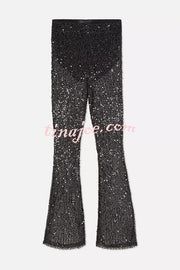 Gorgeous Looks Semi Sheer Sequin Elastic Waist Flare Pants