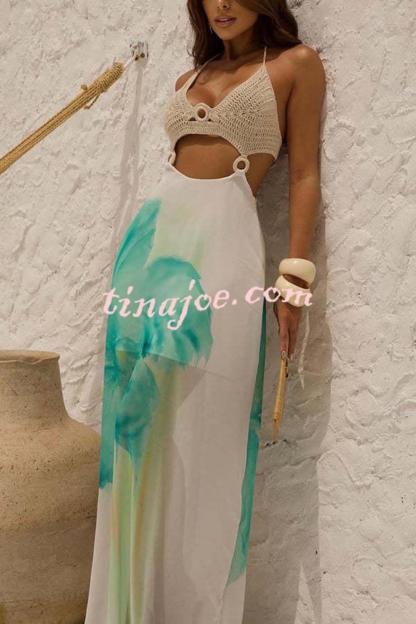 Lily Crochet Knit Bust Ring Floral Print Tulle Hem Maxi Dress