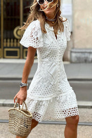 Sweet Valor Crochet Lace Puff Sleeve Button Up Mini Dress