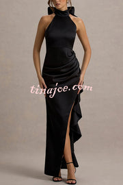Maureen Satin High Neck Ruched Ruffle Slit Draped Maxi Dress