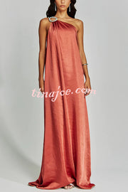 Charming Glance Satin Metal Hardware One Shoulder Loose Maxi Dress