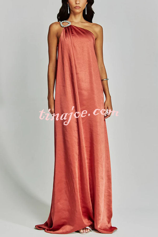 Charming Glance Satin Metal Hardware One Shoulder Loose Maxi Dress