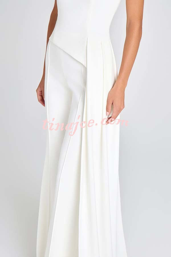 Pippa High Neck Short Sleeve Irregular Drape Hem Top and Elastic Waist Flare Pants Set