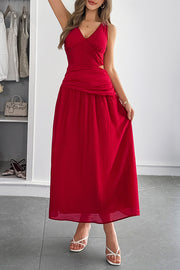 Solid Color V-neck Sleeveless Waist Hollow Out Maxi Dress