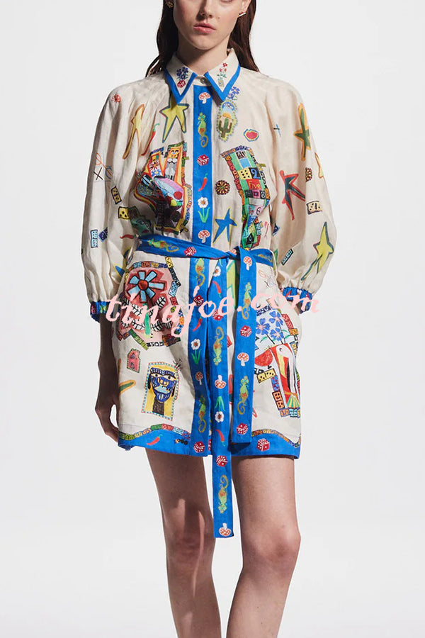 Linen Blend Unique Printed Balloon Sleeve Pocket Tie Waist Mini Dress