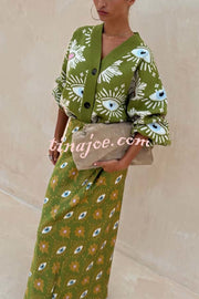 Mysterious Magic Satin Eye Heart Pattern Elastic Waist Drape Maxi Skirt