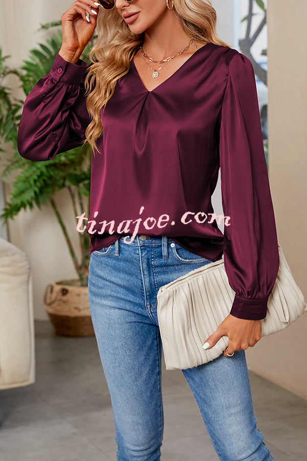 Satin Pleated V-neck Long-sleeved Loose Shirt