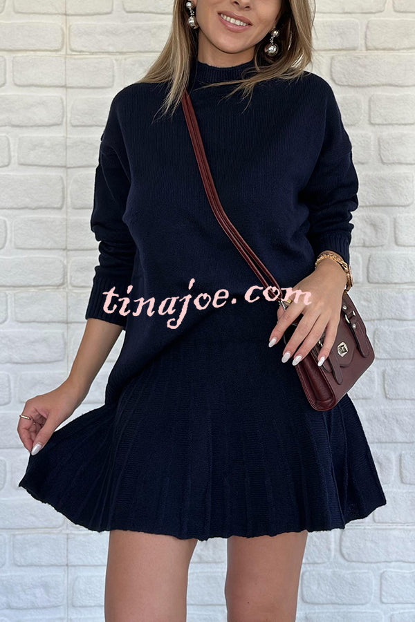 Solid Color Casual Preppy Knit Top and Knit Stretch Pleated Mini Skirt Set