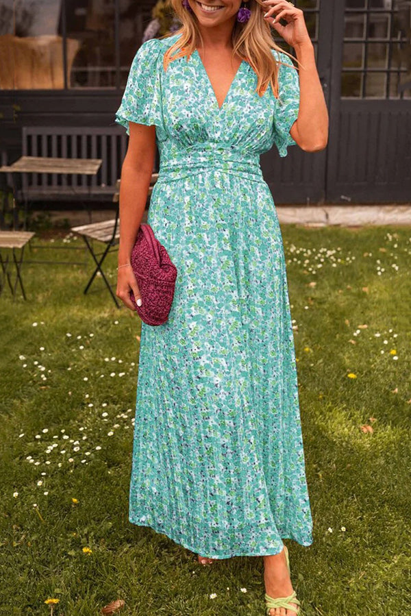 Floral Print V-Neck Short Sleeve Waist Maxi Dress