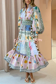 Playfully Chic Unique Print Balloon Sleeve Smocked Waist Shirt Midi Dress