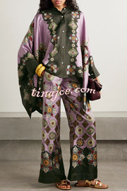 Satin Unique Print Loose Batwing Sleeve Top and Elastic Waist Pocket Casual Wide-leg Pants Set