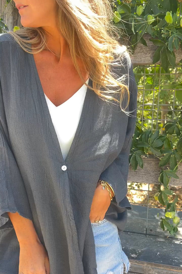 Solid Color V-neck Loose Long-sleeved Button Top