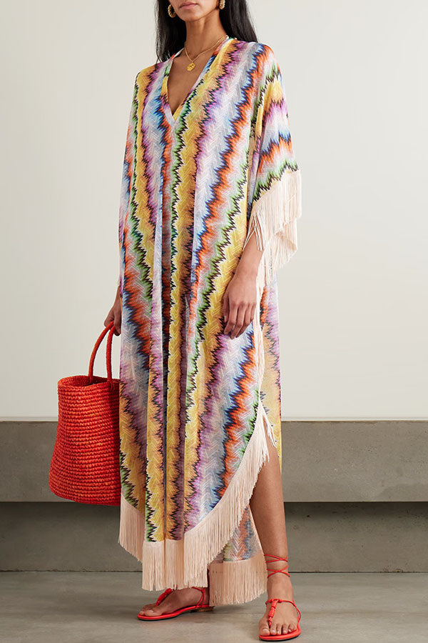 Mezcal Knit Colorful Zigzag Pattern Tassle Trim Loose Kaftan Maxi Dress