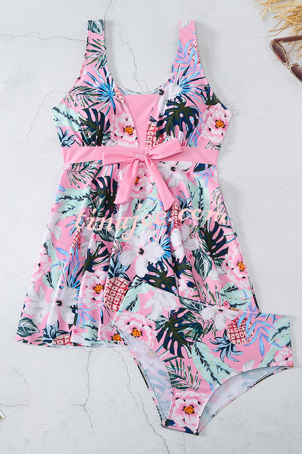 Cheerful Floral Print Bow Detail Tankini Swimsuit Set