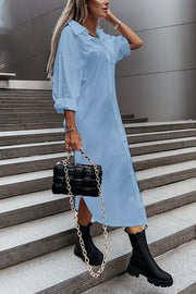 Solid Color Casual Long-sleeved Shirt-style Loose Mid-length Dress