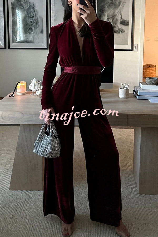 Love One Another Velvet Bow Belted Pocket Cutout Back Loose Jumpsuit