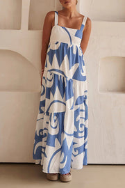 Bohemian Style Geometric Print Back Smocked Loose Maxi Dress