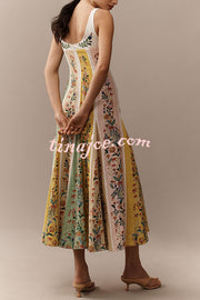 Sweet Garden Linen Blend Color Block Floral Paneled Maxi Dress