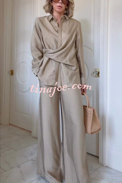 Juliette Cross-front Button Up Long Sleeve Shirt and Elastic Waist Pocket Loose Pants Set