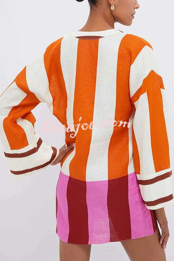 Talah Linen Blend Color Block Print V-neck Long Bell Sleeve Loose Mini Dress