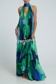 Opera Pleated Colorblock Camouflage Print Cutout Halter  A-line Maxi Dress