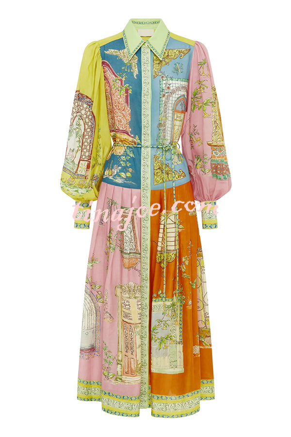 Unique Print Lapel Lantern Sleeve Single Breasted Tie Waist Midi Dress