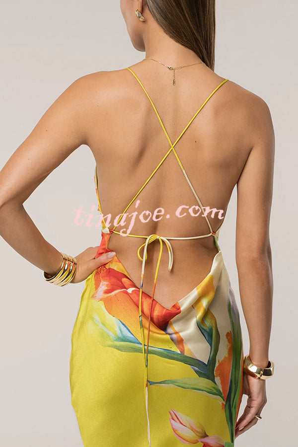 Luisa Satin Floral Print Cowl Neck Sexy Open Back Tie-up Maxi Dress