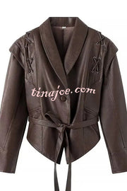 Street Warrior Faux Leather Distressed Style Lace-up Lapel Belt Oversized Jacket