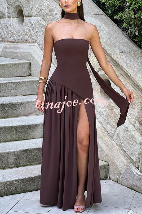 Elegant Off Shopulder Chiffon Pleated Hem Scarf Slit Maxi Dress