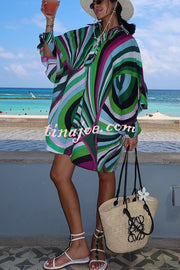 Lorrie Unique Print Button Slit Tie-up Sleeve Oversized Shirt Mini Dress
