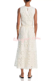 Nice Try Embroidered Crochet Lace Tassle Trim Elastic Waist Midi Skirt