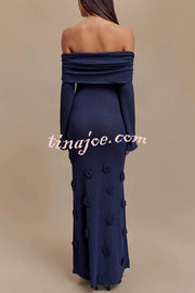 Timeless Sophistication Knit Off Shoulder Rose Detail Stretch Maxi Dress