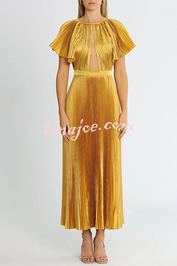 Flash Goddess Satin Pleated Bell Sleeve Cutout Detail Gown Maxi Dress