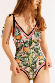 Khloe Vintage Style Floral Color Block Printed Reversible Tie Shoulder Stretch One-piece Swimsuit