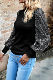 Sequined Paneled Knitted Long Sleeved Shirts